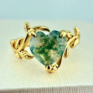 Heart Cut Moss Agate 14K Gold Vermeil Ring